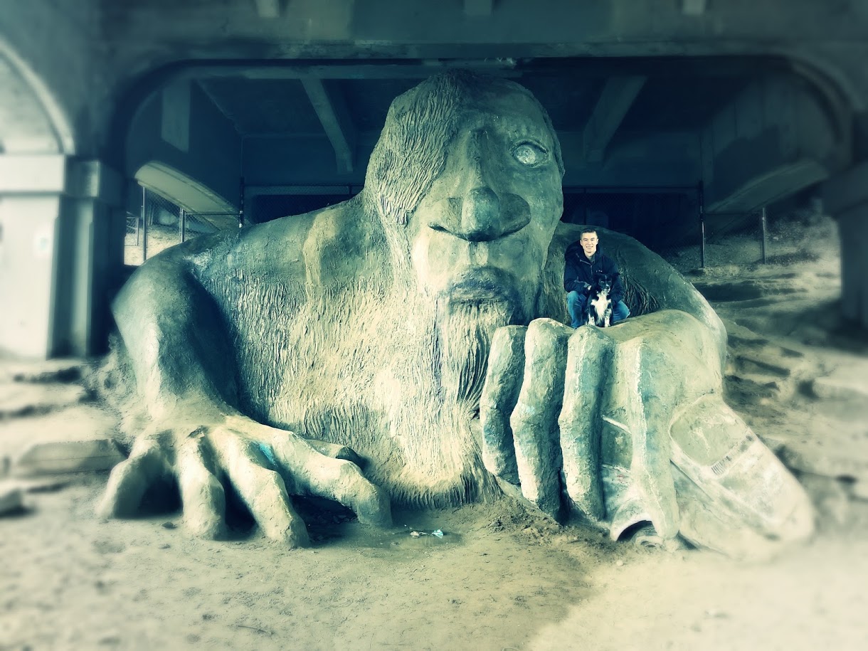 Brock and Smudge at Fremont Troll